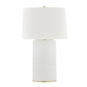 Borneo 1-Light Table Lamp in Aged Brass with Soft Off White