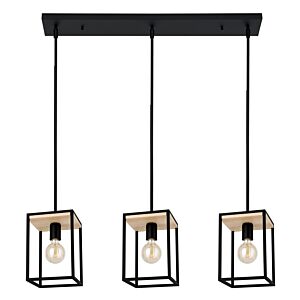 Libertad Three Light Linear Pendant in Structured Black & Natural Wood by Eglo USA