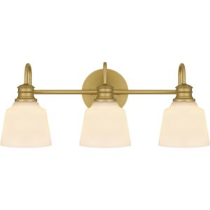 Hinton Three Light Bath in Aged Brass by Quoizel