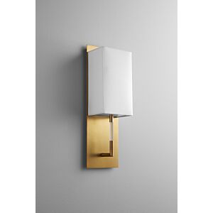 Epoch LED Wall Sconce in Aged Brass W White Linen by Oxygen