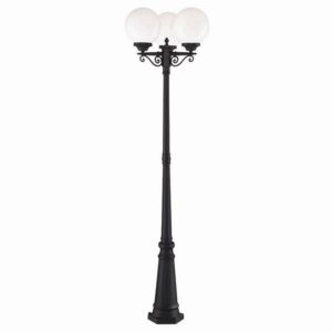 Havana 3-Head Matte Black Surface Mount Post Light With White Acrylic Globe