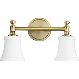 Rossington 2-Light Bathroom Vanity Light in Aged Brass w with Satin Opal