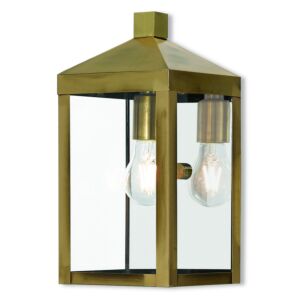 Nyack 1-Light Outdoor Wall Lantern in Antique Brass w with Polished Chrome Stainless Steel