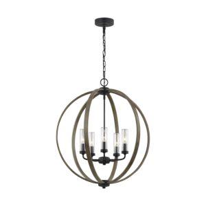 Visual Comfort Studio Allier 5-Light Outdoor Hanging Light in Weathered Oak Wood And Antique Forged Iron by Sean Lavin